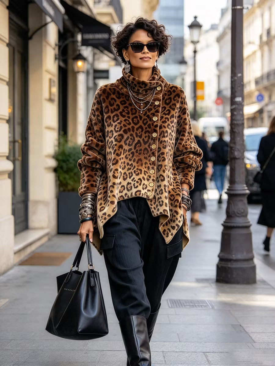 Caria - Weiches Top mit Leopard-Print und hohem Kragen