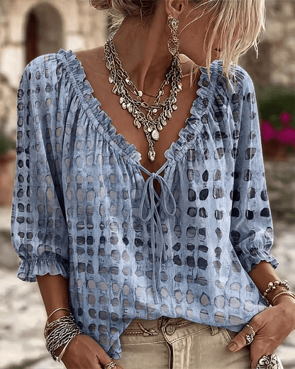 Bevelyn - Soft-Touch Polka Dot Lace-Up Blouse