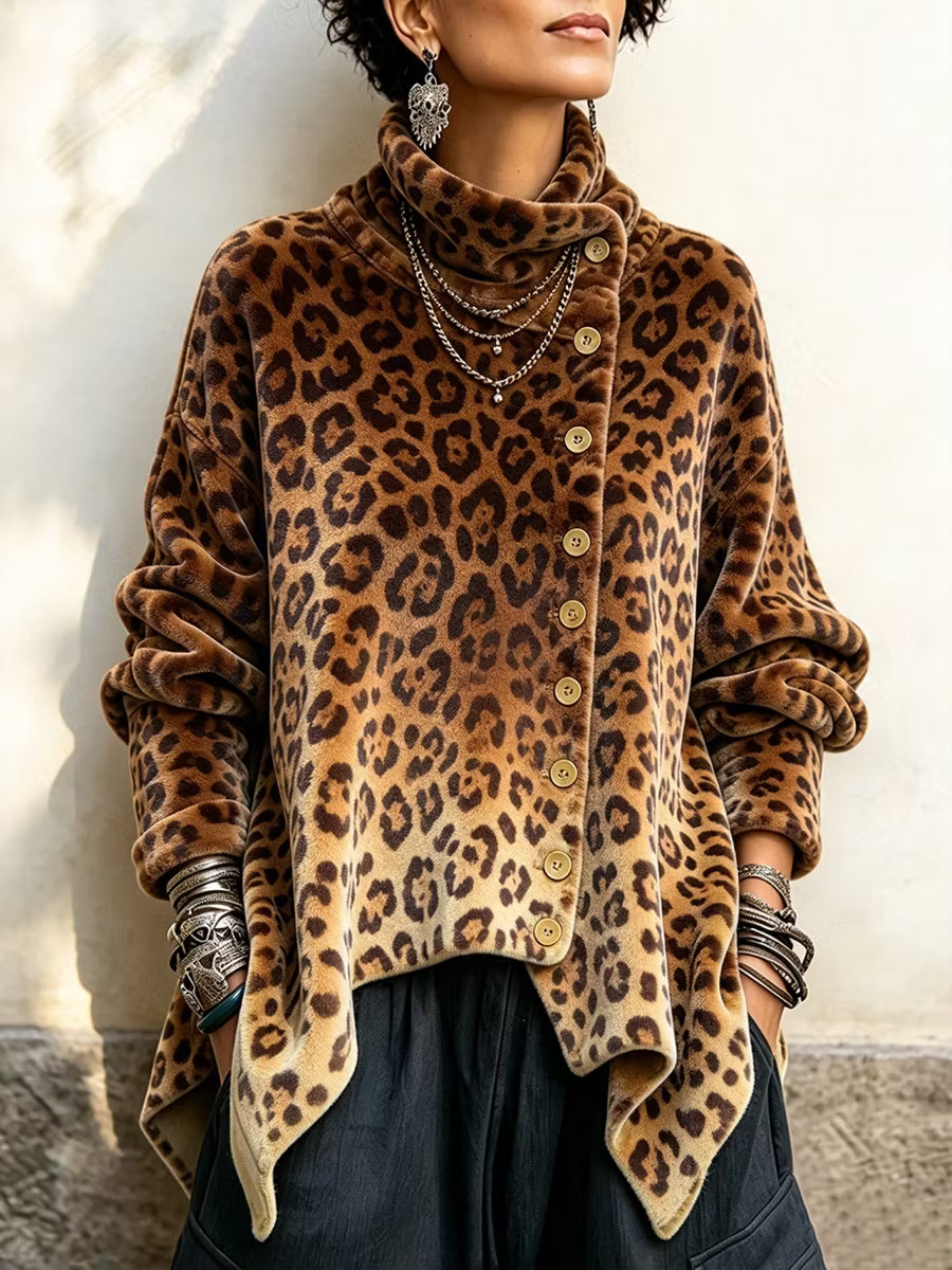 Caria - Weiches Top mit Leopard-Print und hohem Kragen