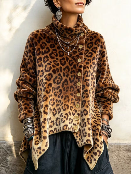 Caria - Weiches Top mit Leopard-Print und hohem Kragen