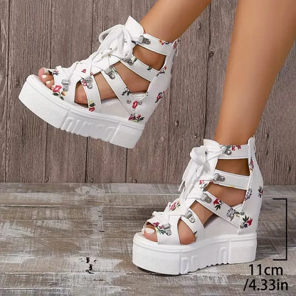 Gaelina - Floral Lace Up Platform Sandals