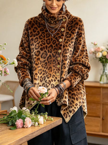 Caria - Weiches Top mit Leopard-Print und hohem Kragen