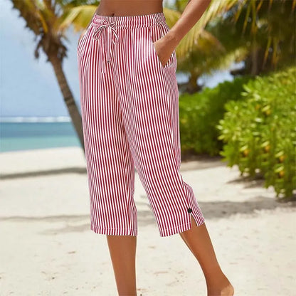 Roselina - Striped Drawstring Capri Trousers
