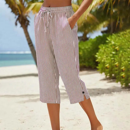 Roselina - Striped Drawstring Capri Trousers