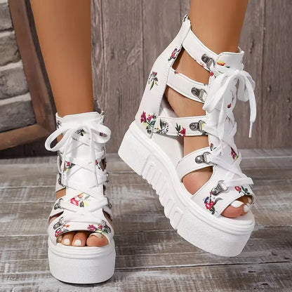 Gaelina - Floral Lace Up Platform Sandals