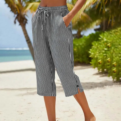 Roselina - Striped Drawstring Capri Trousers